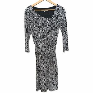 Evan Picone Black+White Geometric 3/4 Sleeve Faux Wrap Midi Dress Size 8